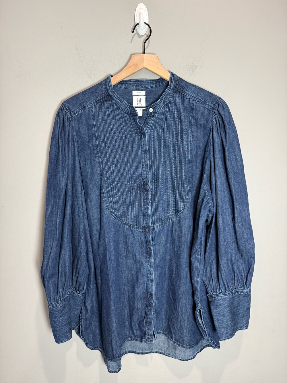 Gap x Harlem's Fashion Row Pintuck Denim Blouse Puff Sleeve XL Chambray